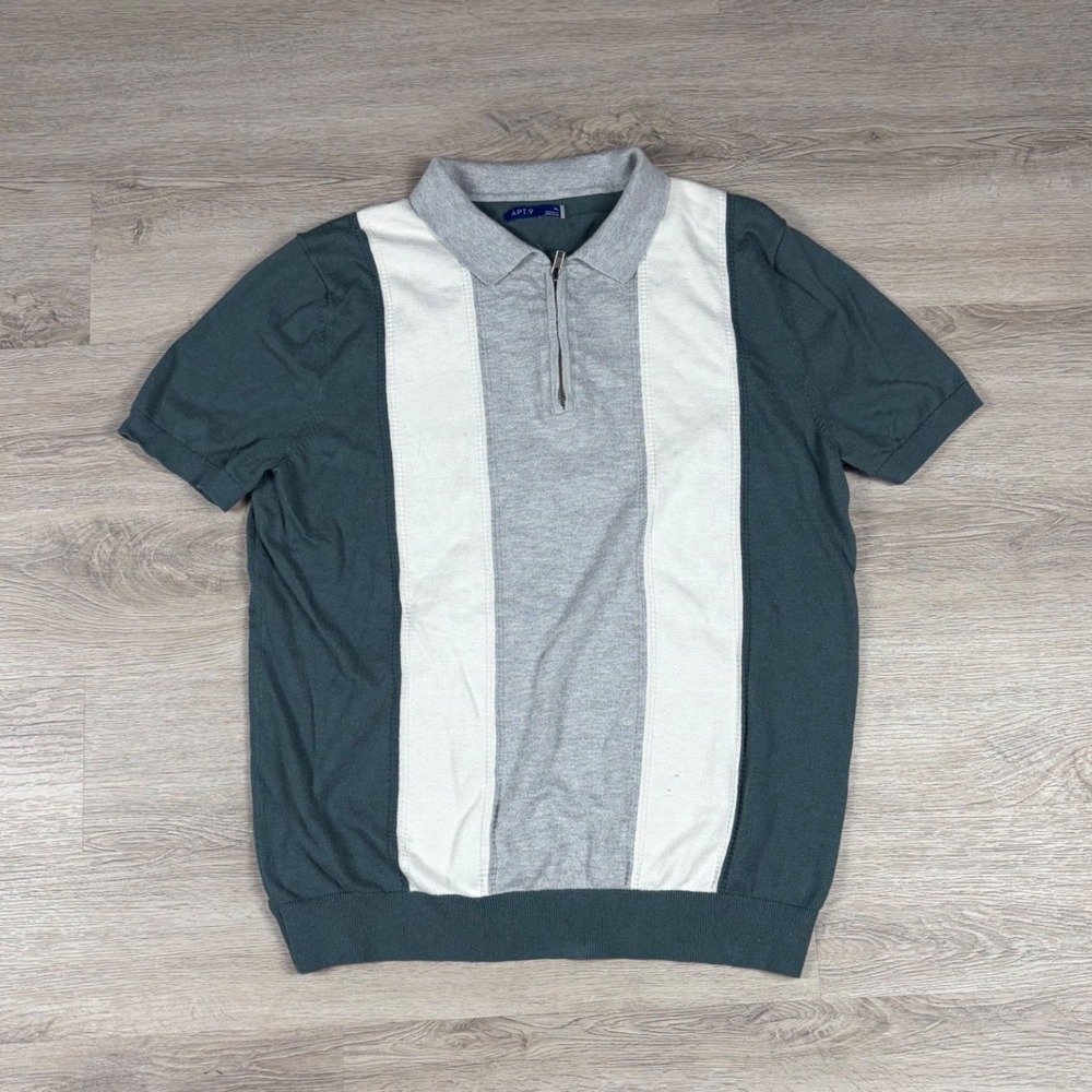 Apt 9 Polo Shirt Mens XL Teal Grey White Colorblock Quarter Zip Knit Retro